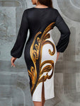 Clasi Plus Size Women's Printed Lantern Sleeve Bodycon Dress