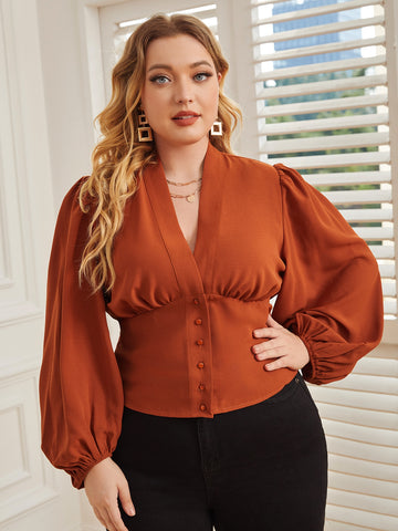 Plus Bishop Sleeve Button Up Blouse