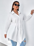 Frenchy Plus Drop Shoulder Fold Pleated Detail Curved Hem Shirt