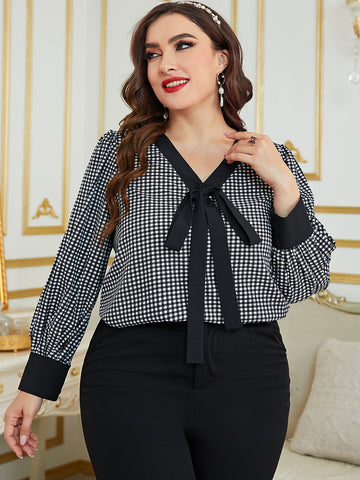 Plus Gingham Print Knot Front Blouse