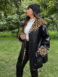 Plus Contrast Leopard Waterfall Collar PU Coat