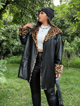 Plus Contrast Leopard Waterfall Collar PU Coat