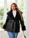 Plus Borg Collar Fuzzy Panel Belted PU Leather Coat