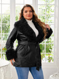 Plus Borg Collar Fuzzy Panel Belted PU Leather Coat