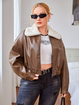 EZwear Plus Borg Collar Drop Shoulder PU Leather Jacket