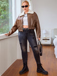 EZwear Plus Borg Collar Drop Shoulder PU Leather Jacket
