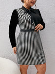 Unity Plus Houndstooth Print Tie Neck Bodycon Dress Without Belt