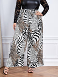 Plus Leopard Zebra Striped Print Belted Wide Leg Pants