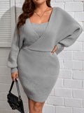 SXY Plus Solid Batwing Sleeve Overlap Collar Sweater Dress
