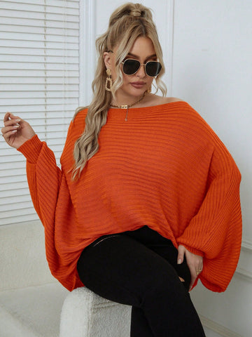 Plus Solid Batwing Sleeve Knit Poncho