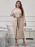 Plus Contrast Binding Belted Bodycon Dress