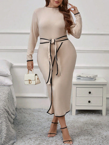 Plus Contrast Binding Belted Bodycon Dress