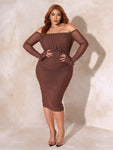 SXY Plus Off Shoulder Flare Sleeve Ruched Mesh Bodycon Dress