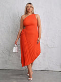 SXY Plus Size Single Shoulder Hollow Out Pleated Dress
